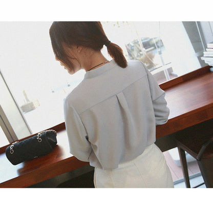 2023 Women's White Chiffon Shirt - V-Neck Loose Fit